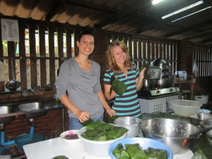 We also had banana packets filled with sticky rice, chicken and black beans with some delicious chili sauce.
